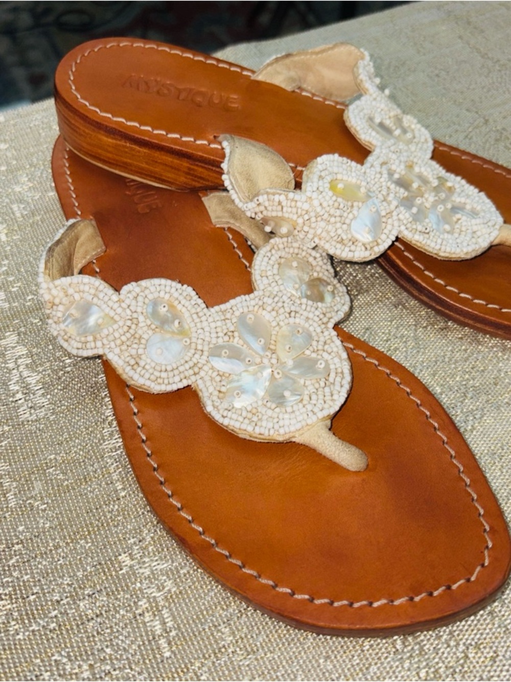 Mystique Boutique Brown Leather Sandals with White Beaded Floral Accents